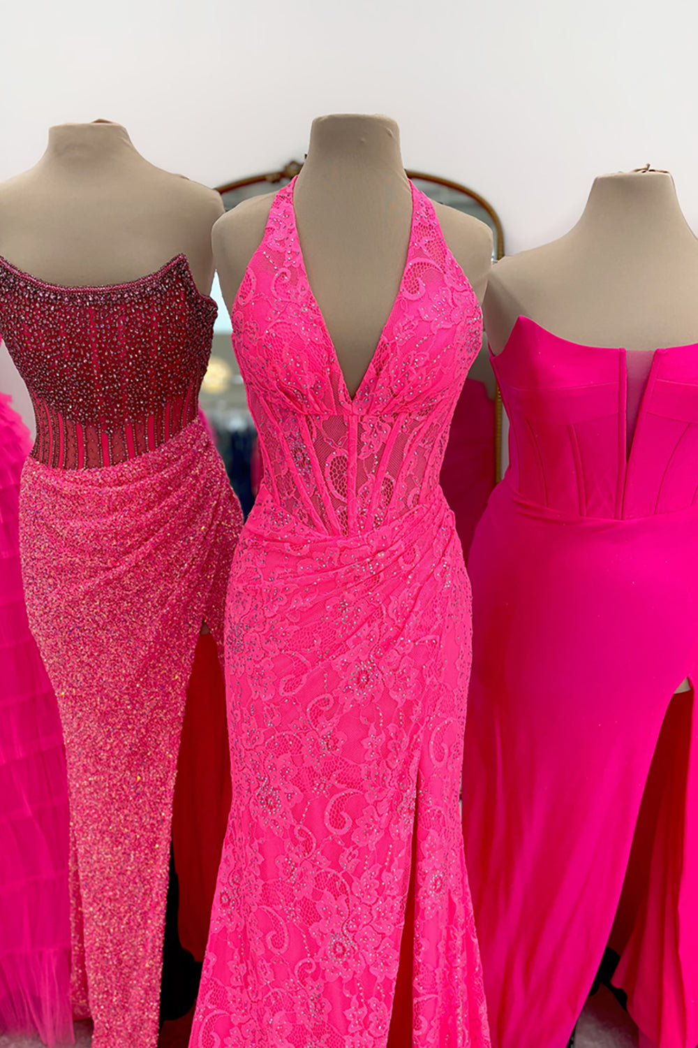 Long Corset Prom Dress in Pink with Halter Neck and Mermaid Slit