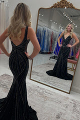 Long Beaded Mermaid Prom Dress with Black Spaghetti Straps