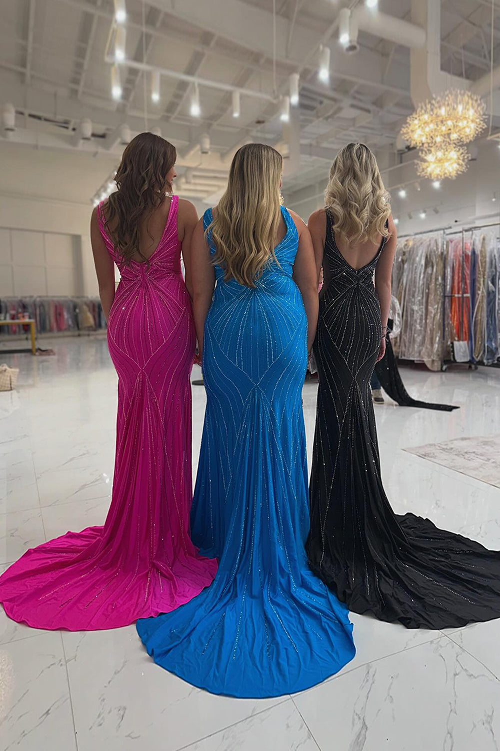 Long Beaded Mermaid Prom Dress with Black Spaghetti Straps