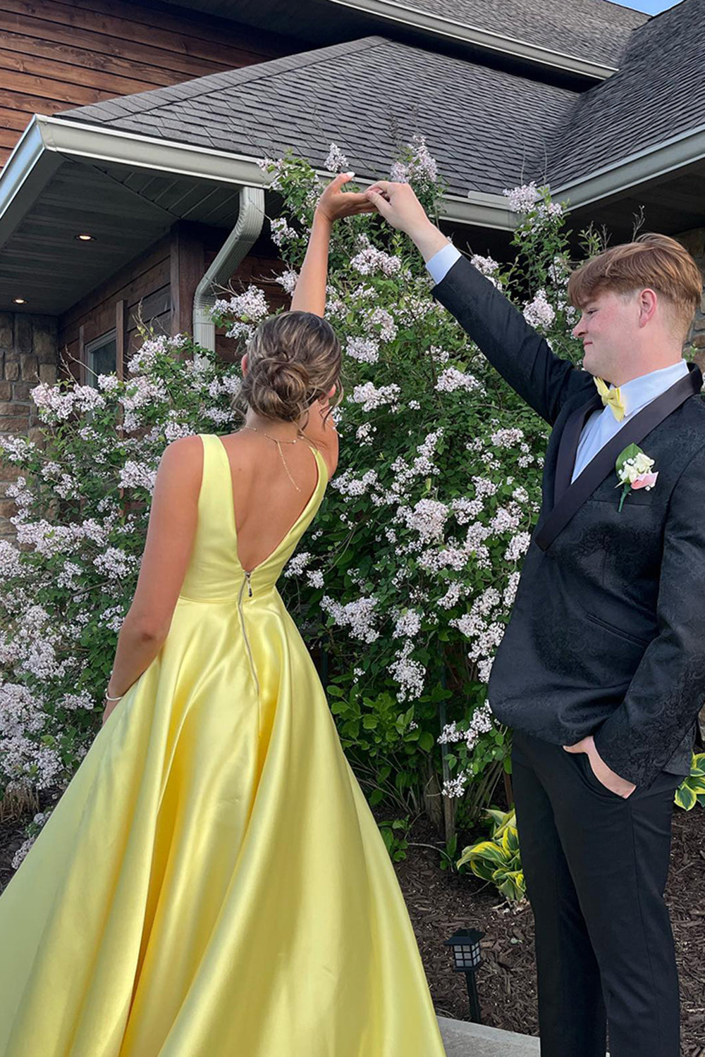 Long A-Line Prom Dress in Yellow Satin with Spaghetti Straps