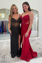 Long Burgundy Mermaid Prom Dress Featuring Spaghetti Straps and a Slit