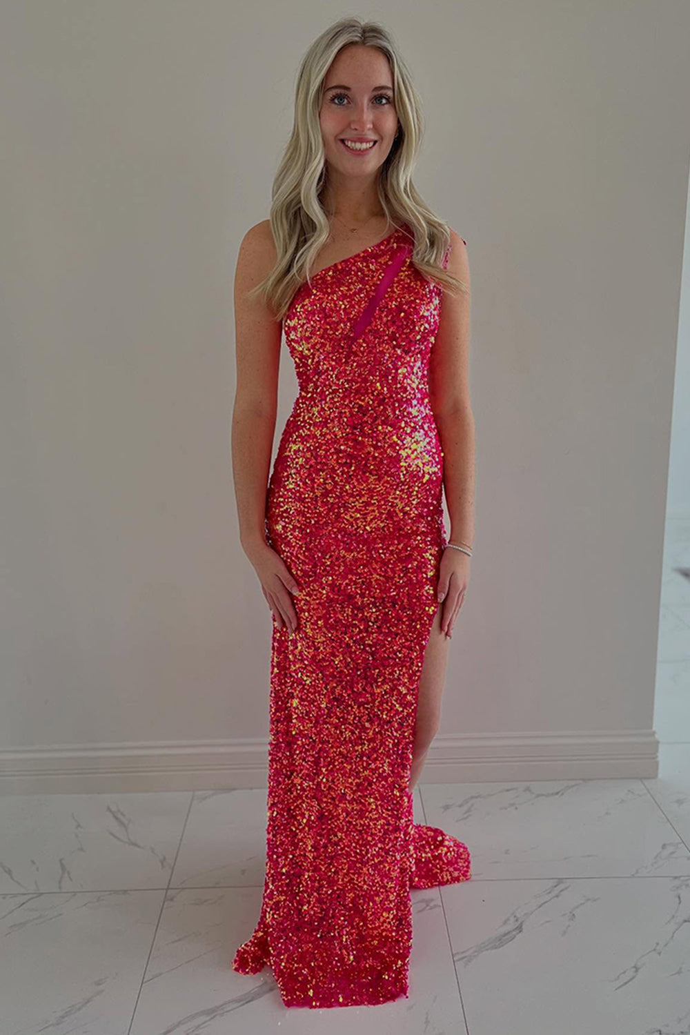 Long One Shoulder Mermaid Prom Dress in Sparkly Coral Sequins