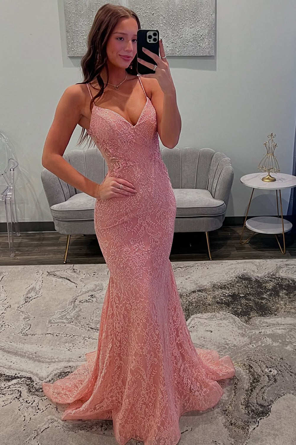 Long Mermaid Prom Dress with Pink Lace Spaghetti Straps