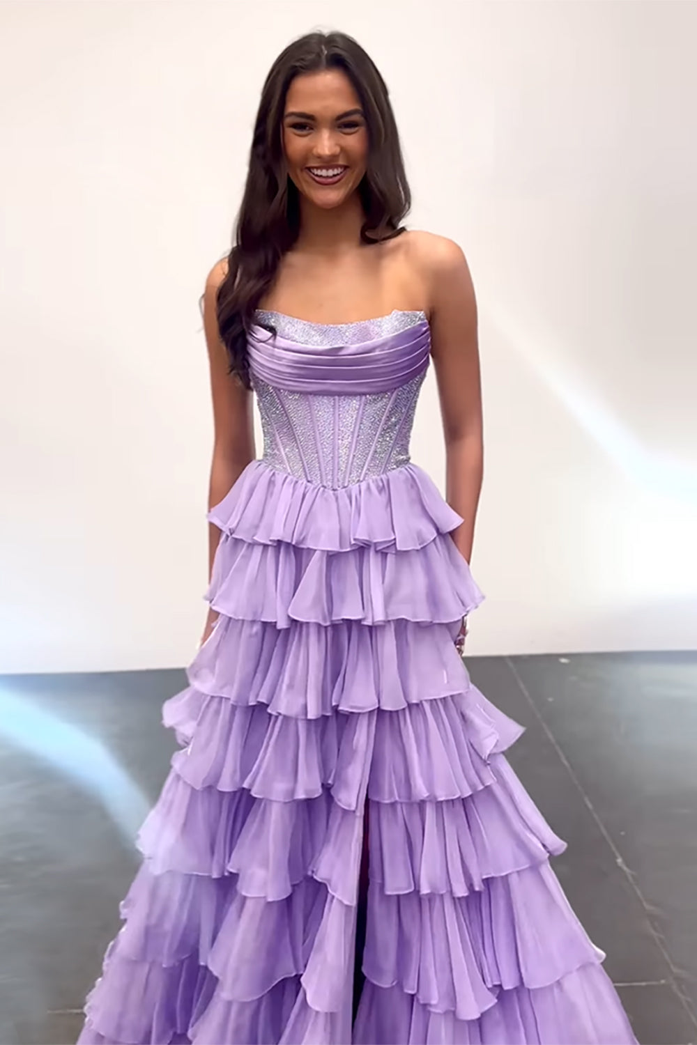 Sparkly Navy Strapless Corset with Long Chiffon A-Line Prom Dress