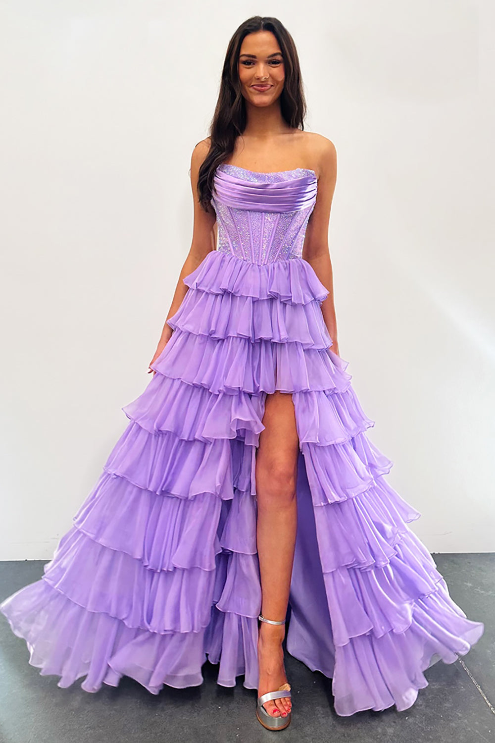 Light Blue Sparkly Corset Dress with Chiffon A-Line Skirt for Prom
