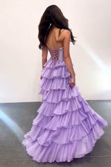 Lavender Sparkly Long Corset Prom Dress in Strapless Chiffon A-Line