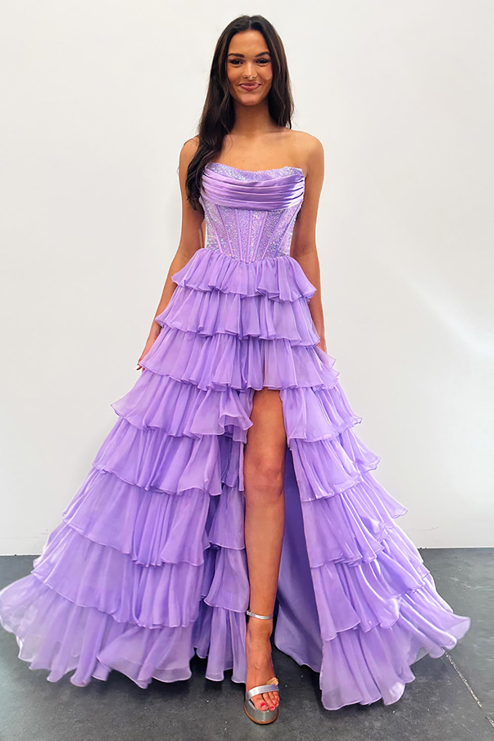 Light Blue Sparkly Corset Dress with Chiffon A-Line Skirt for Prom