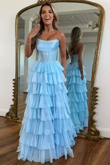 Sparkly Navy Strapless Corset with Long Chiffon A-Line Prom Dress