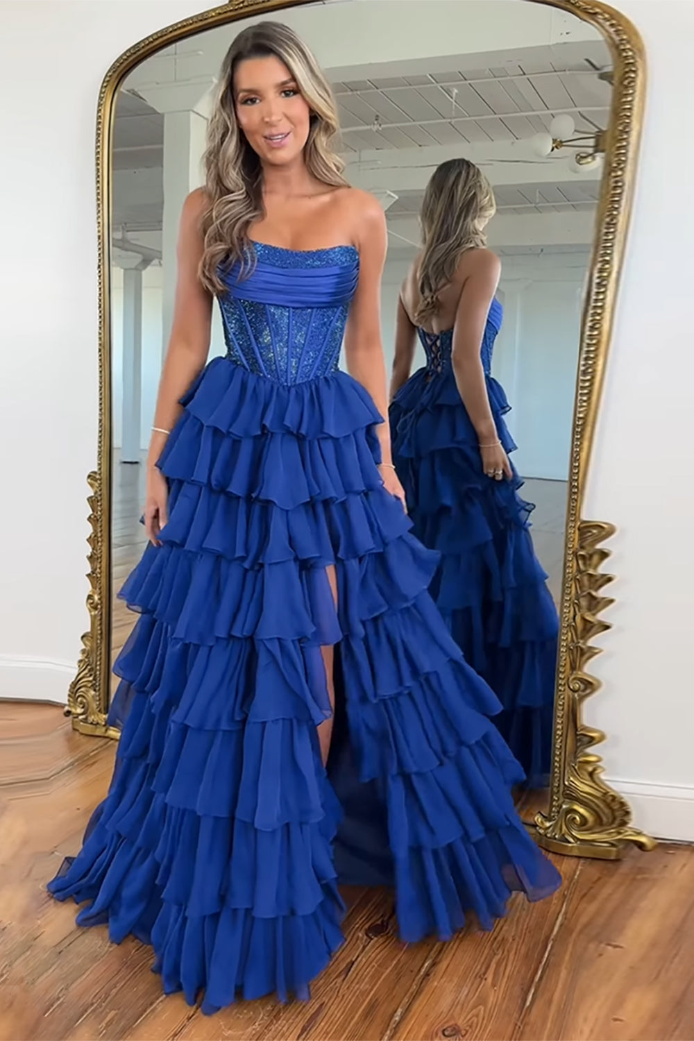 Light Blue Sparkly Corset Dress with Chiffon A-Line Skirt for Prom