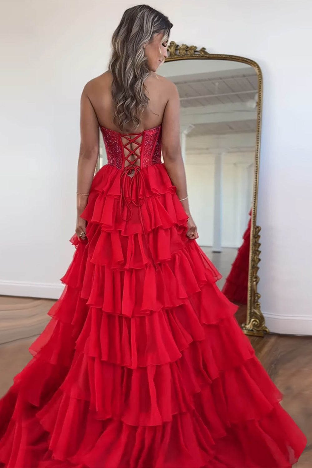 Sparkly Navy Strapless Corset with Long Chiffon A-Line Prom Dress