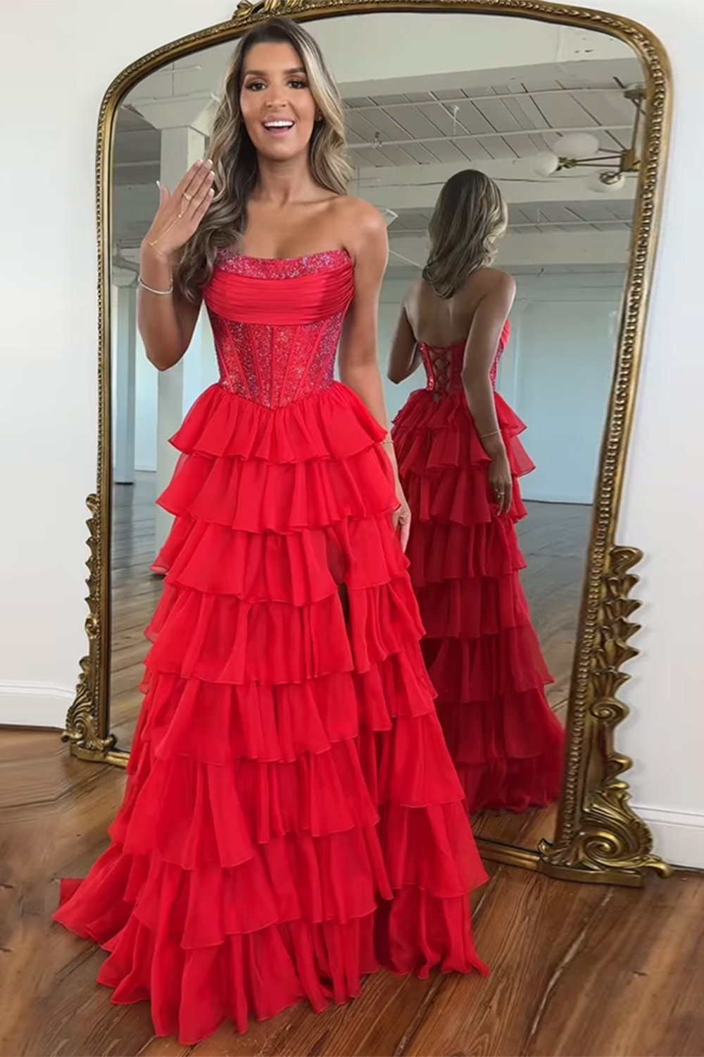 Sparkly Navy Strapless Corset with Long Chiffon A-Line Prom Dress