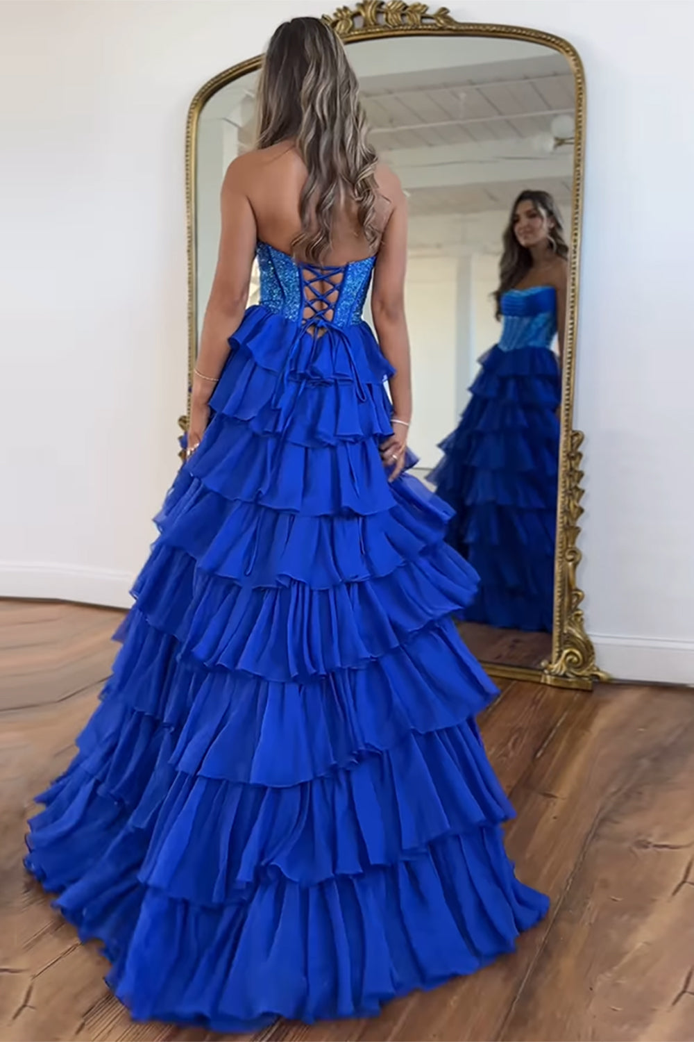 Light Blue Sparkly Corset Dress with Chiffon A-Line Skirt for Prom