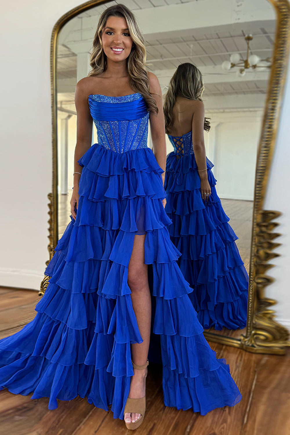 Lavender Sparkly Long Corset Prom Dress in Strapless Chiffon A-Line