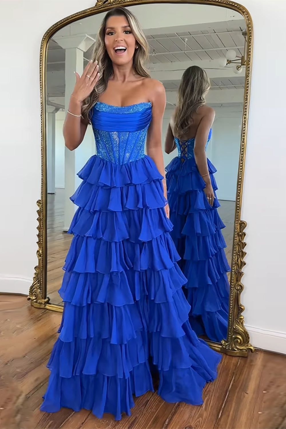 Lavender Sparkly Long Corset Prom Dress in Strapless Chiffon A-Line