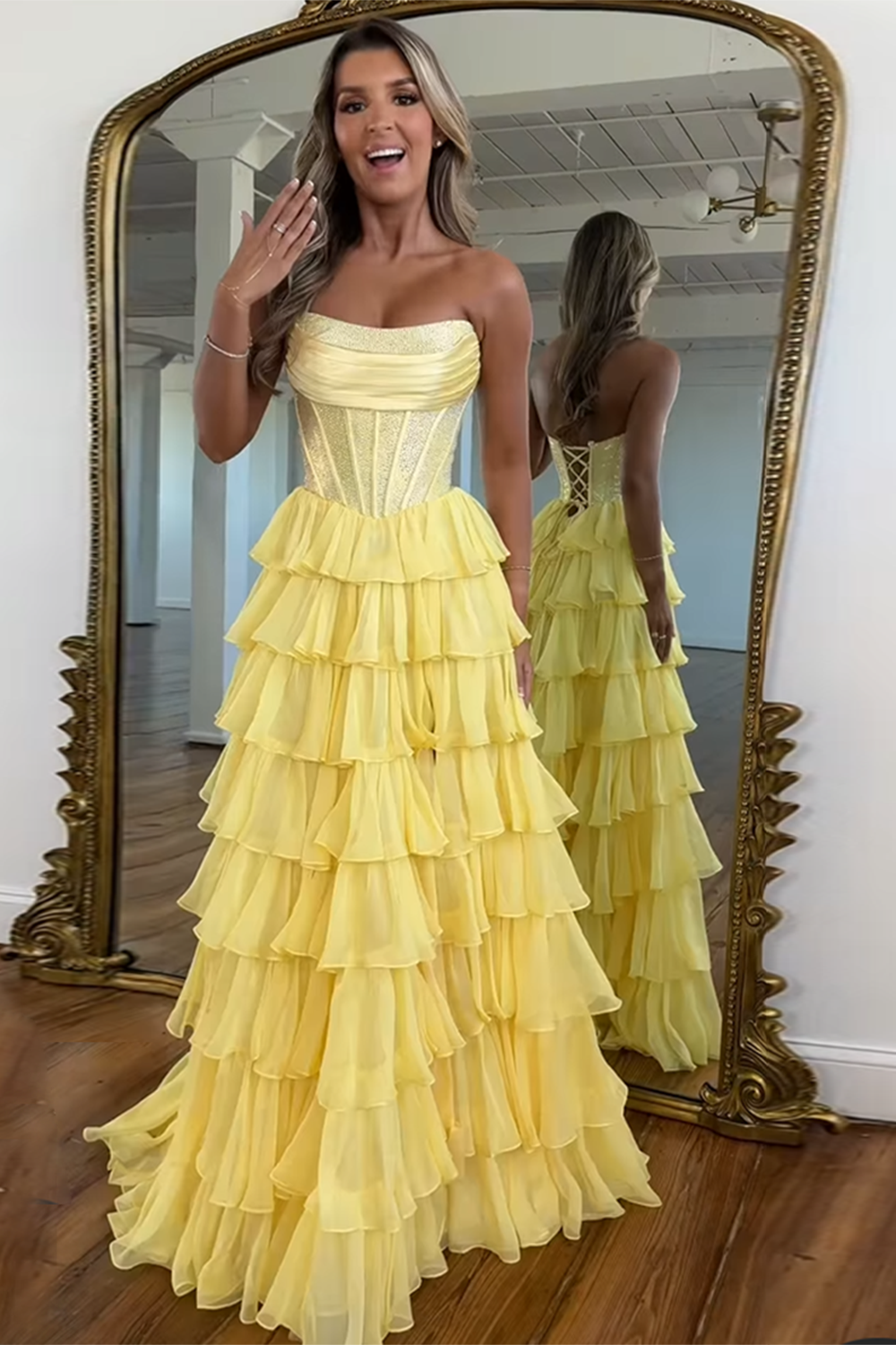 Light Blue Sparkly Corset Dress with Chiffon A-Line Skirt for Prom