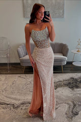 Long Strapless Prom Dress in Sparkly Champagne with Slit