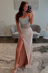 Long Strapless Prom Dress in Sparkly Champagne with Slit