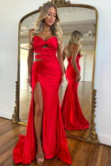 Long Red Mermaid Prom Dress in Satin with Cut-out and Slit