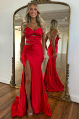 Long Red Mermaid Prom Dress in Satin with Cut-out and Slit