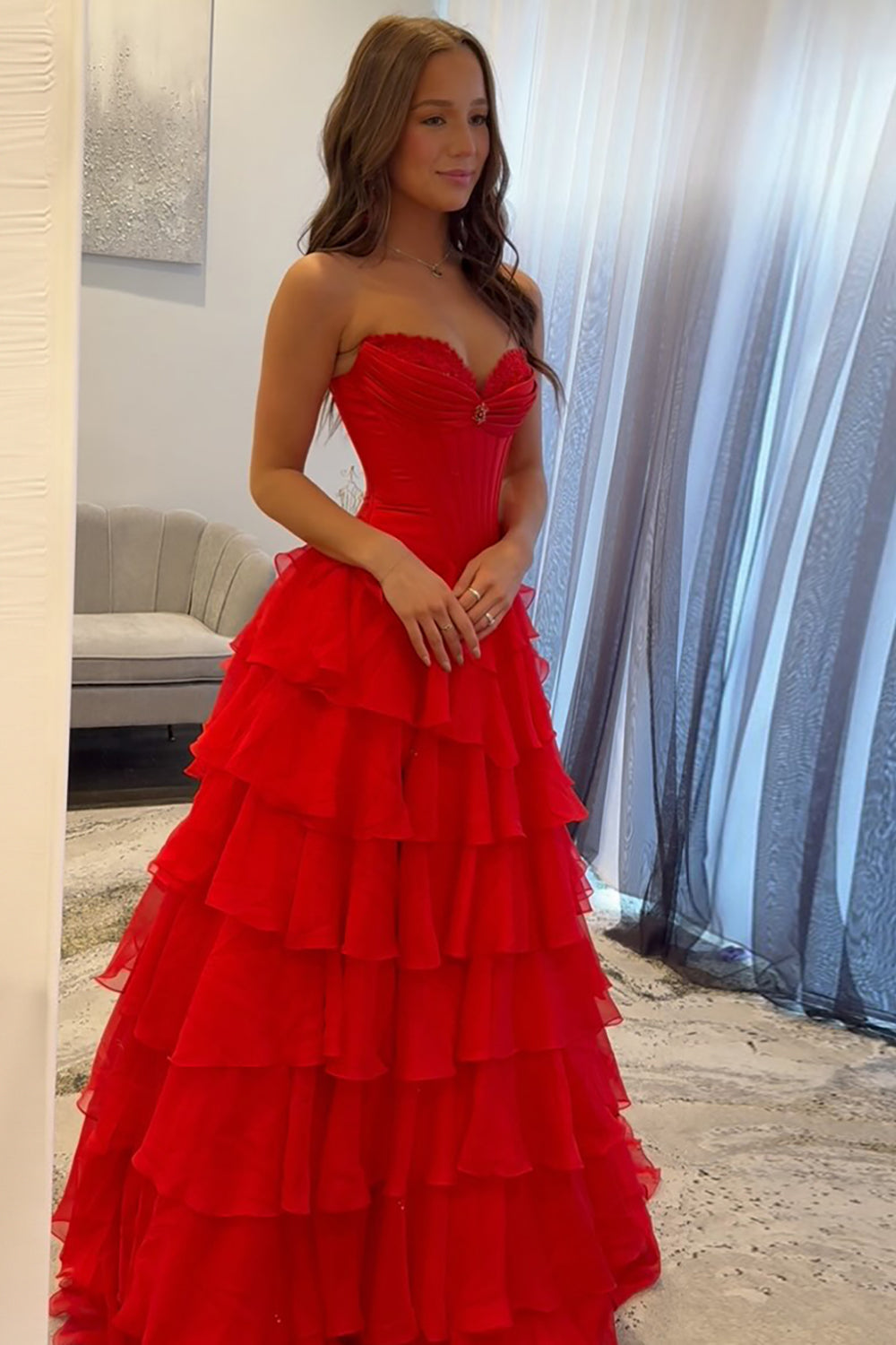 Strapless Red Corset Prom Dress with Tiered Chiffon A-Line Skirt