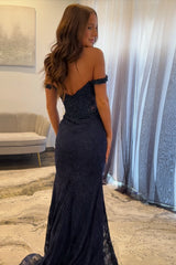 Navy Mermaid Prom Dress with Sparkly Lace and Off-the-Shoulder Corset