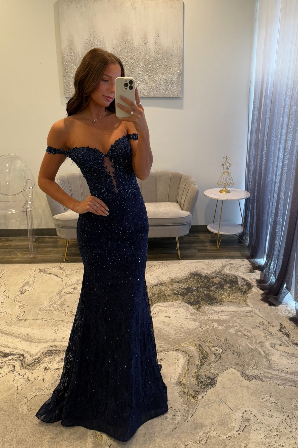 Navy Mermaid Prom Dress with Sparkly Lace and Off-the-Shoulder Corset