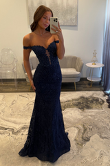 Navy Mermaid Prom Dress with Sparkly Lace and Off-the-Shoulder Corset