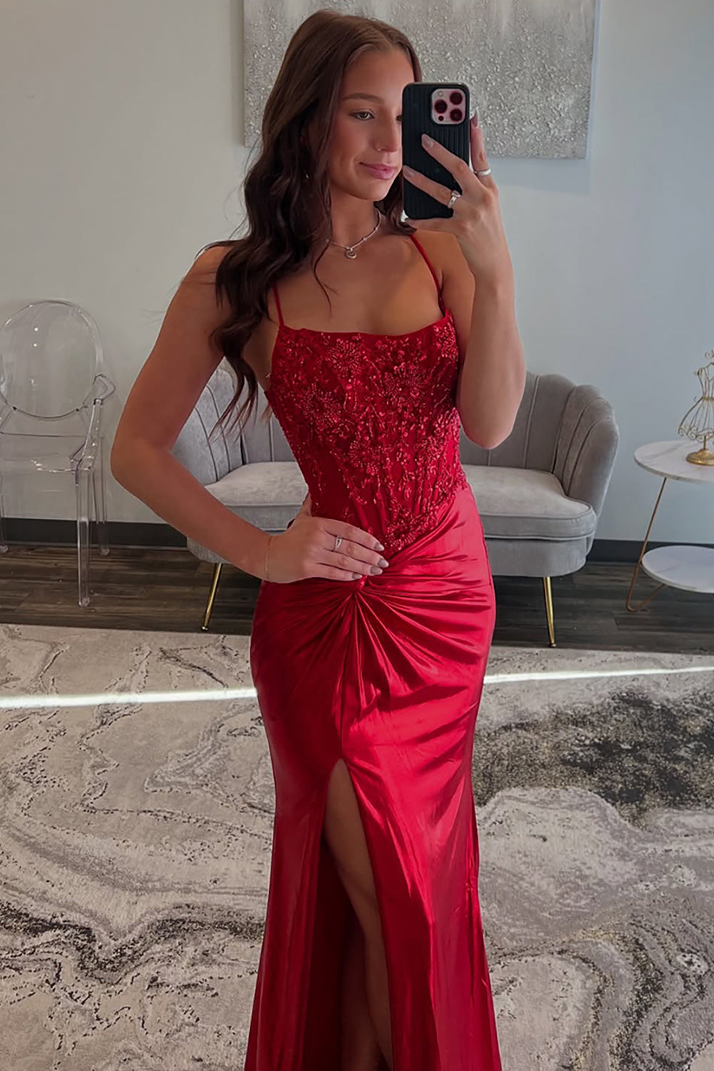 Long Red Satin Prom Dress with Glitter and Ruched Slit