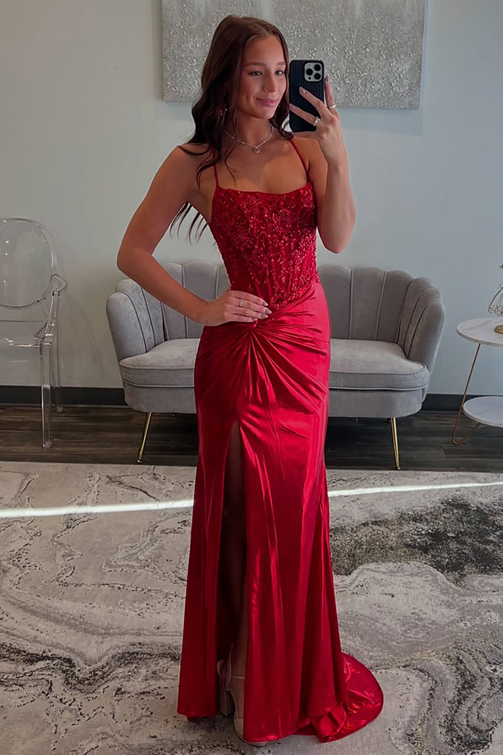 Long Red Satin Prom Dress with Glitter and Ruched Slit