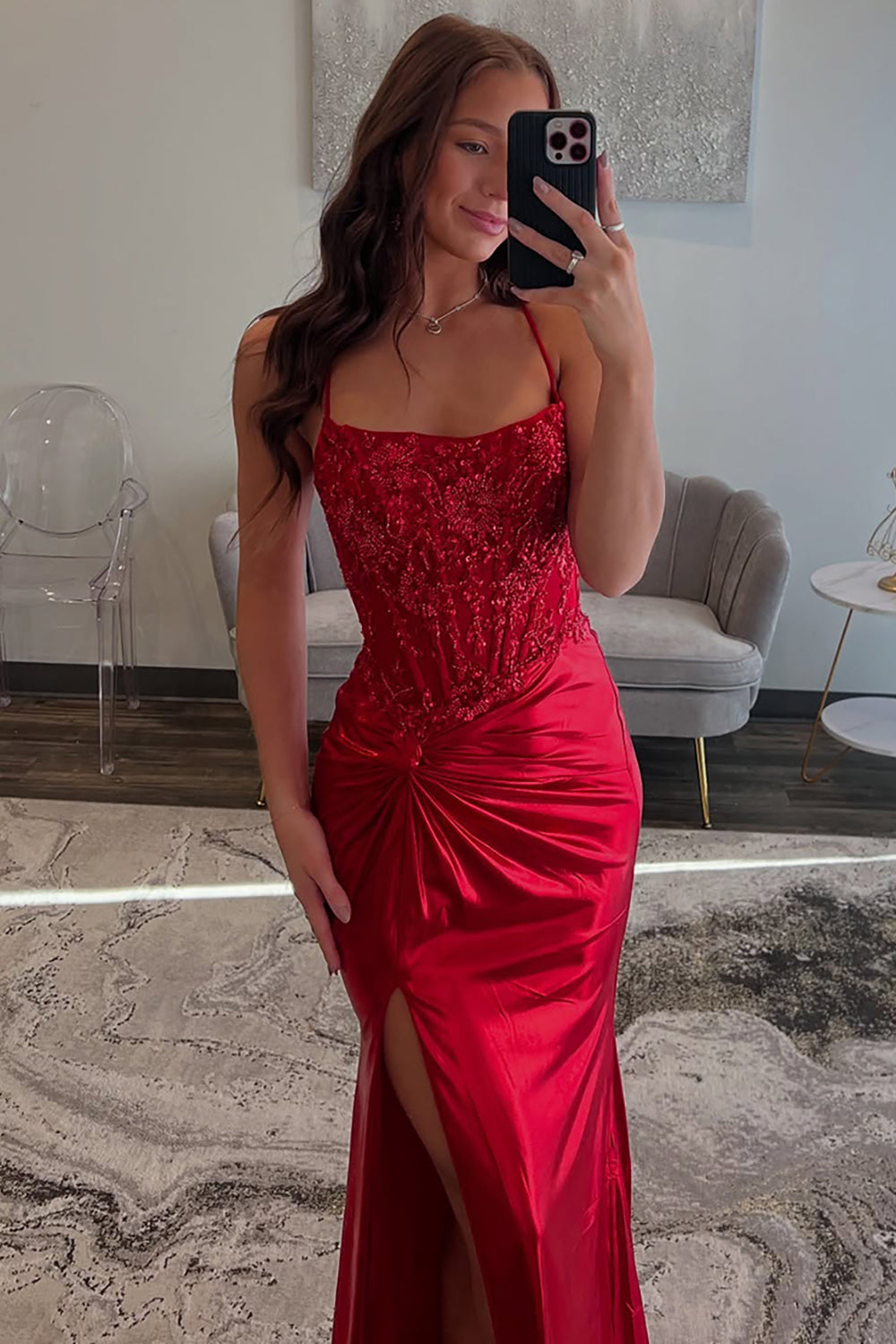Long Red Satin Prom Dress with Glitter and Ruched Slit