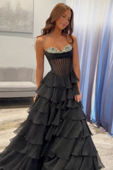 Long Sweetheart Corset Prom Dress in Black with A-Line Tiered Skirt and Slit