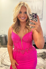 Long Beaded Satin Prom Dress in Sparkly Fuchsia with Corset and Slit