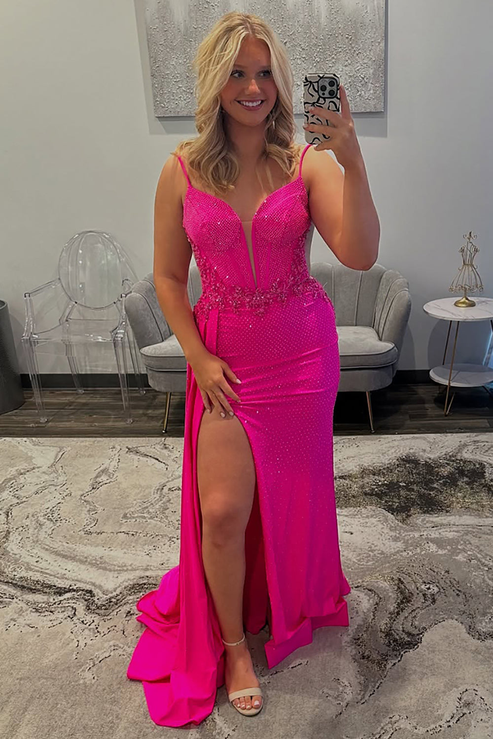 Long Beaded Satin Prom Dress in Sparkly Fuchsia with Corset and Slit