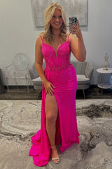 Long Beaded Satin Prom Dress in Sparkly Fuchsia with Corset and Slit