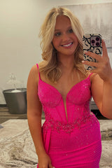 Long Beaded Satin Prom Dress in Sparkly Fuchsia with Corset and Slit