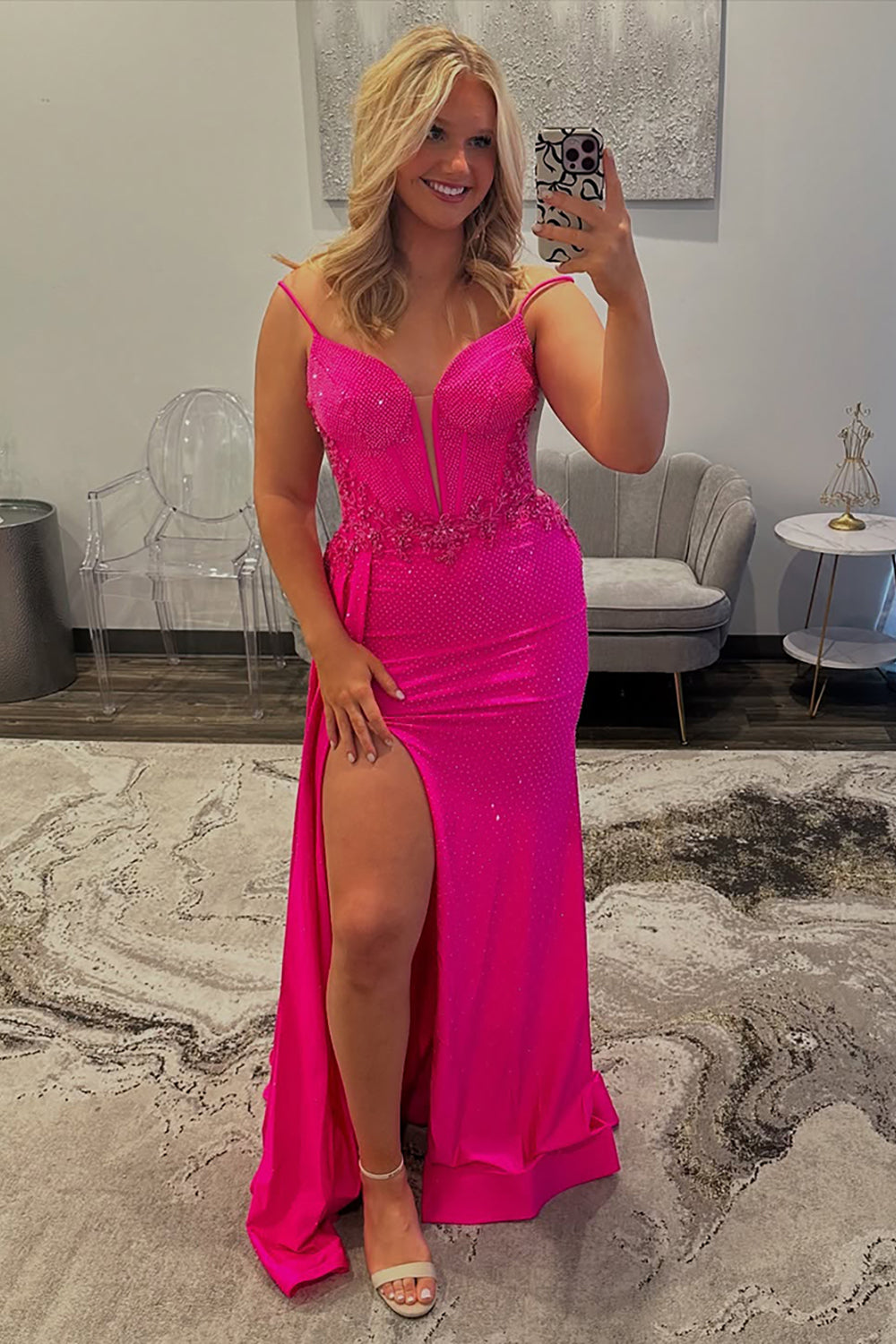 Long Beaded Satin Prom Dress in Sparkly Fuchsia with Corset and Slit