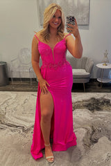 Long Beaded Satin Prom Dress in Sparkly Fuchsia with Corset and Slit