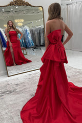 Long Red Satin Prom Dress with Strapless Bowknot and Slit