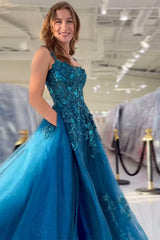 Long Spaghetti Straps Prom Dress in Peacock Blue with A-Line Tulle