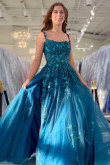 Long Spaghetti Straps Prom Dress in Peacock Blue with A-Line Tulle