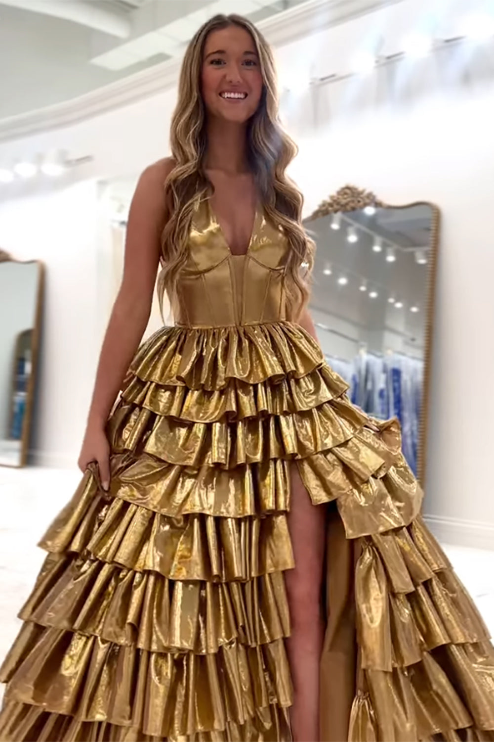 Gold Metallic Long Corset Ball Gown with Tiered Skirt and Slit for Prom