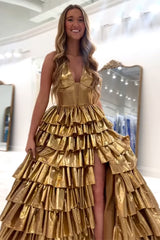 Gold Metallic Long Corset Ball Gown with Tiered Skirt and Slit for Prom