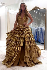 Gold Metallic Long Corset Ball Gown with Tiered Skirt and Slit for Prom