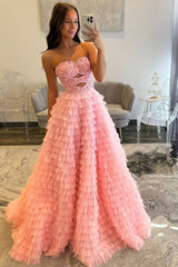 Long Tiered Pink Tulle Prom Dress in Strapless Ball Gown Style