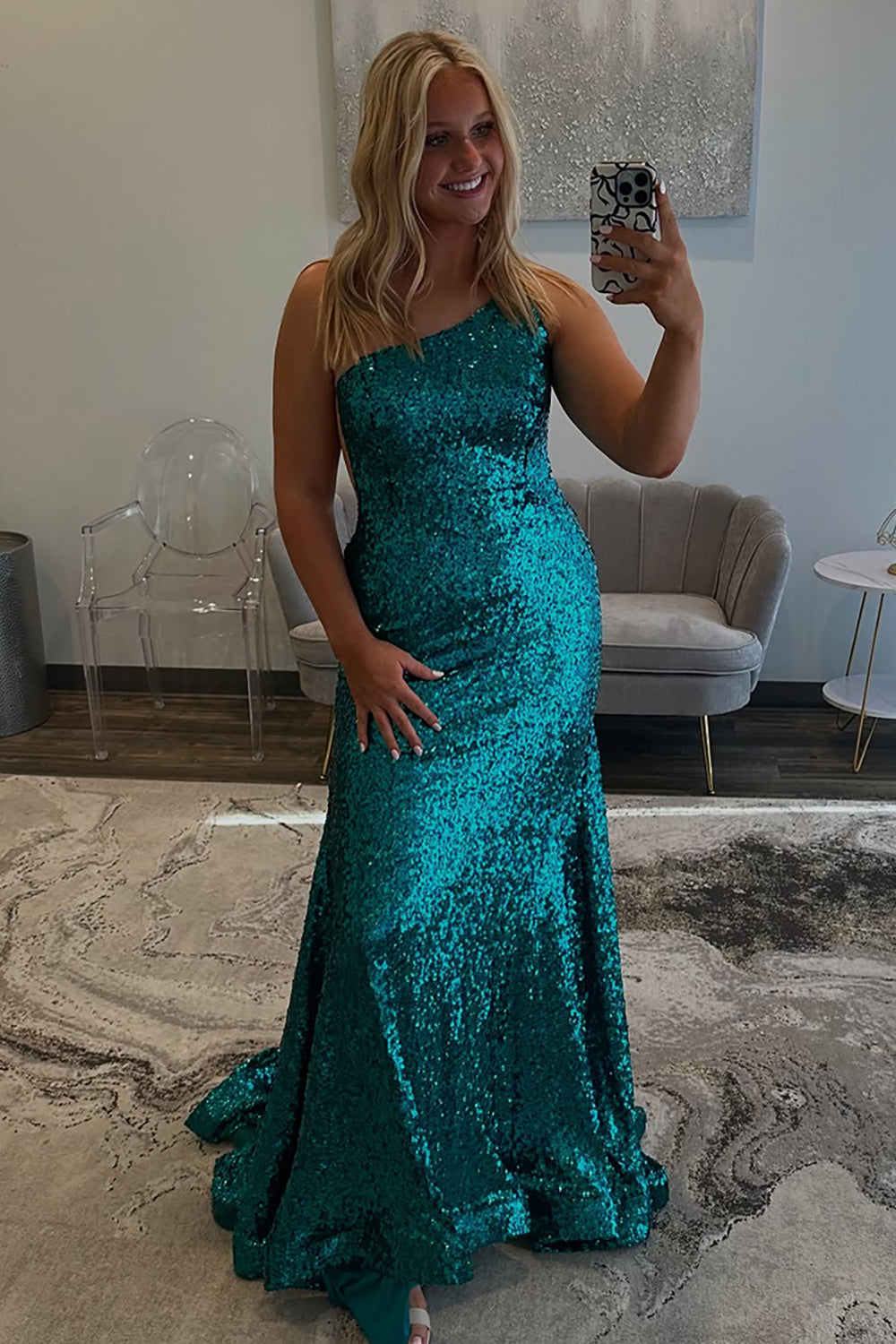 Blue Sparkly One-Shoulder Long Sequined Sheath Prom Dress