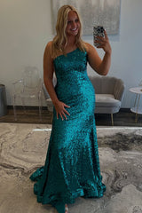 Blue Sparkly One-Shoulder Long Sequined Sheath Prom Dress