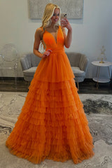 Long V-Neck Prom Dress in Orange with Tiered Ball Gown Skirt
