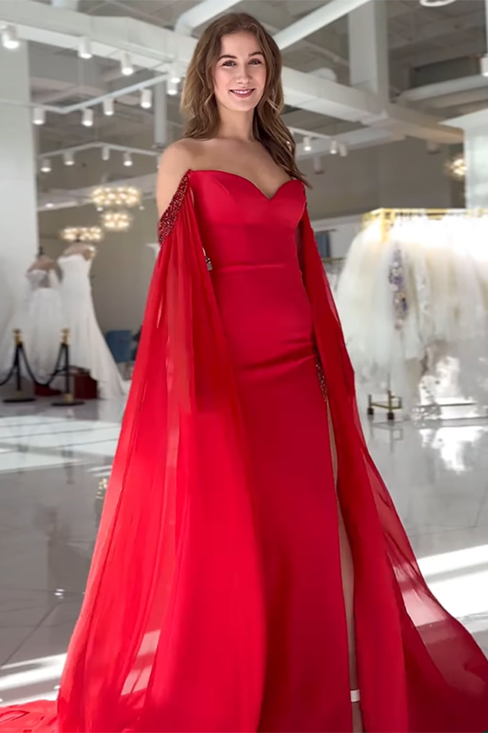 Elegant Long Red Chiffon Prom Dress with Off-Shoulder Neckline and Slit