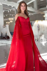 Elegant Long Red Chiffon Prom Dress with Off-Shoulder Neckline and Slit