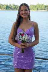 Short Spaghetti Straps Bodycon Homecoming Dress in Sparkly Purple